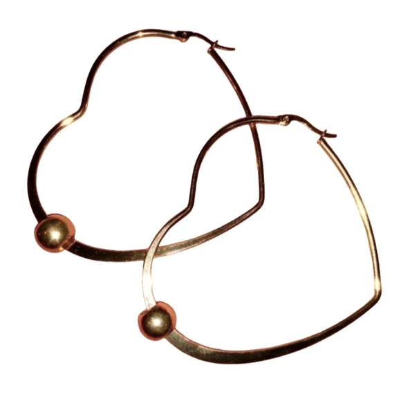 Big Hearts Gold Heart Shaped Hoops Large 60mm Hoop Earrings with Bead Minimalist - Picture 1 of 6